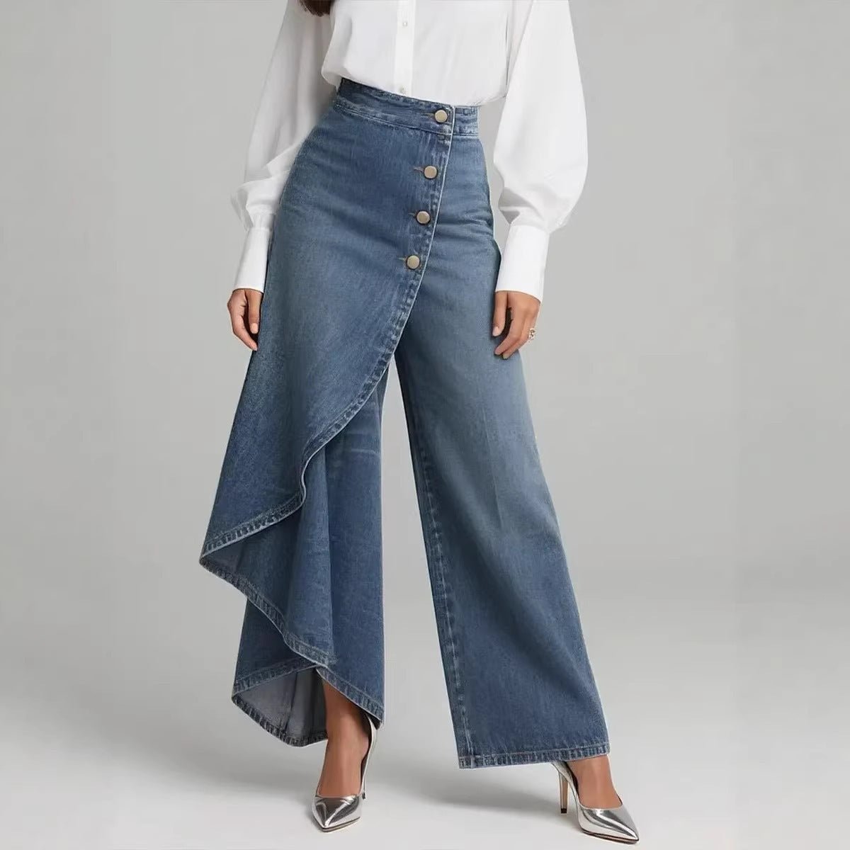 Ancient Energy women's denim wrap-front wide-leg pants with button row, blue wash