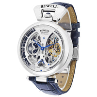 Mens skeleton watch by Bewell with silver case, blue hands, blue leather strap, dual time, automatic.