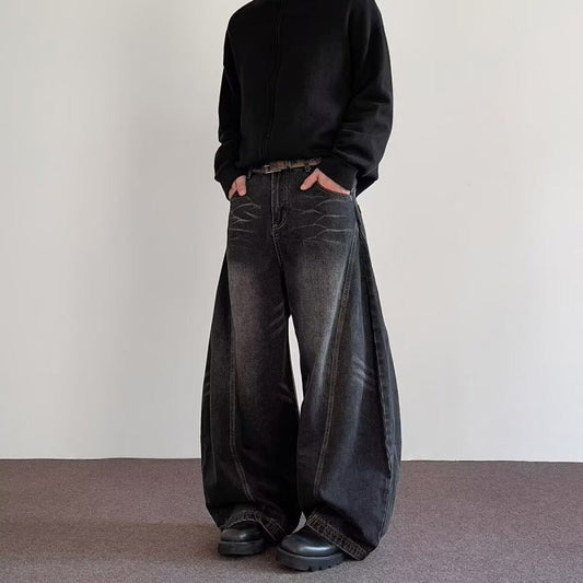 Men's Ancient Energy wide-leg denim pants, dark wash, relaxed fit.
