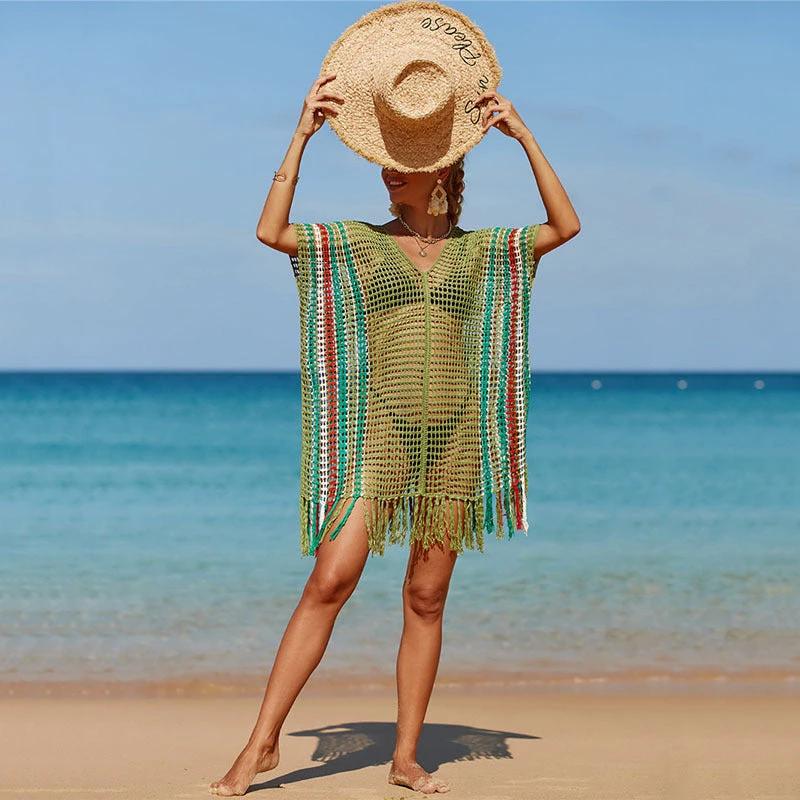 Women's Knitted Colorful Striped Beach Blouse - MANDOTOS INTERNATIONAL0