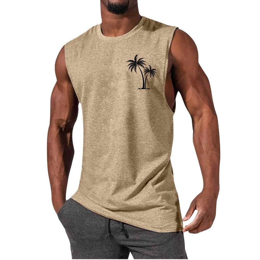 Mandotos Coconut Tree Embroidery Vest Men Tank Top For Summer Beach Workout Muscle Tee - MANDOTOS