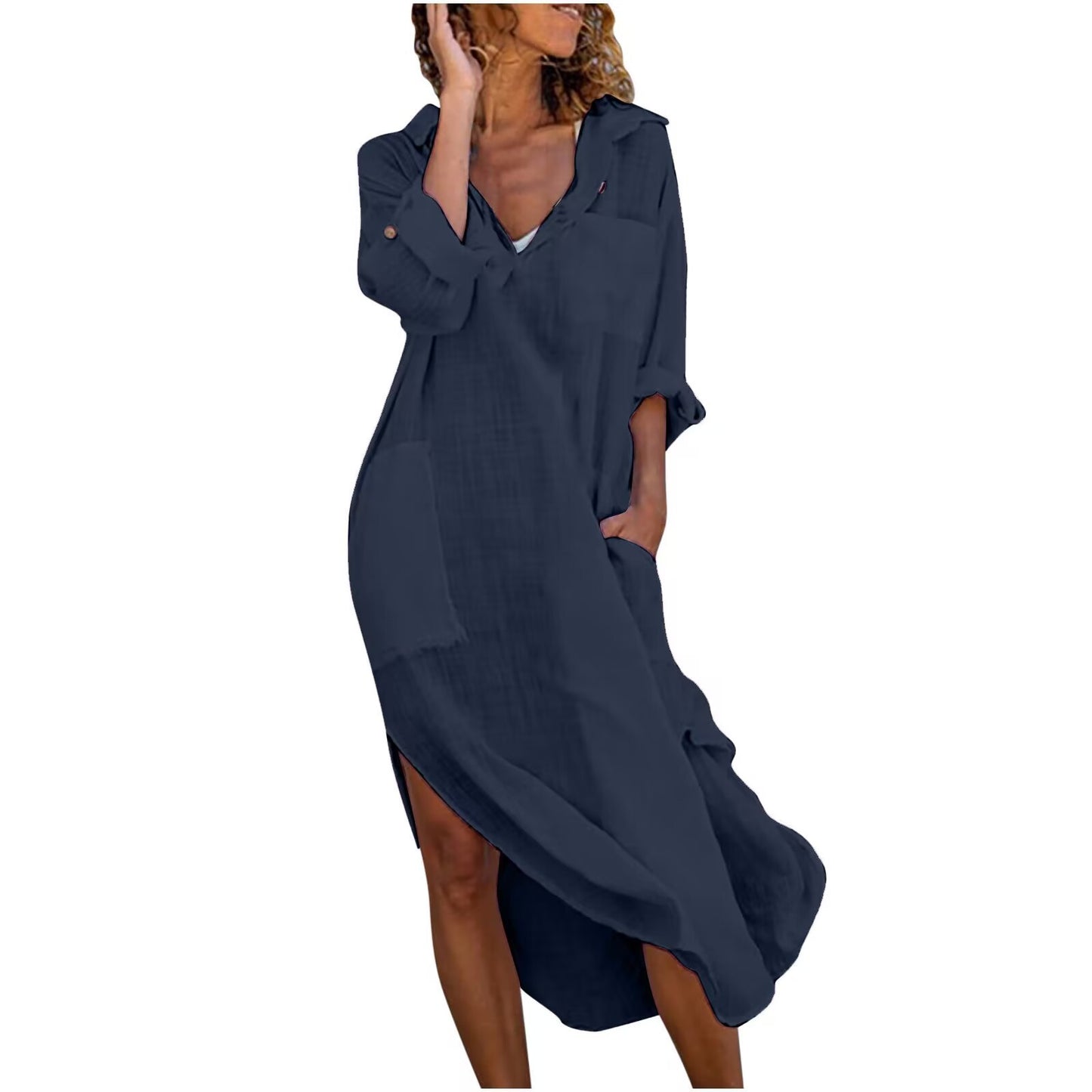2024 Chic Midi Shirt Dress in Slub Cotton