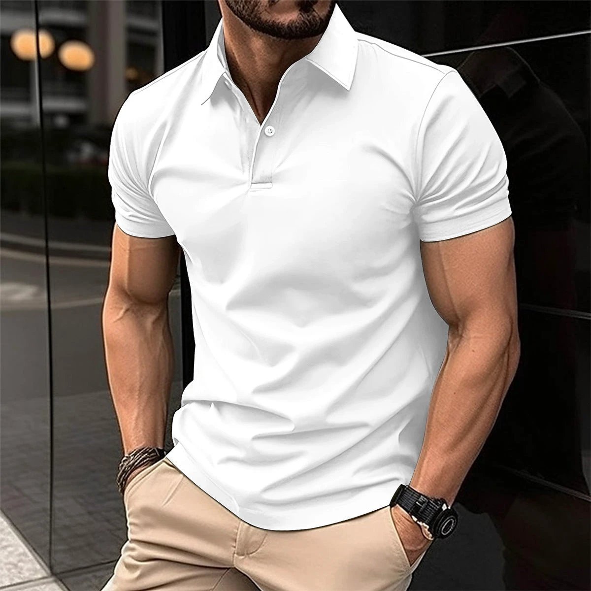 Summer Short Sleeve Polo Shirt Men Solid Color Button Lapel Button Top - MANDOTOS