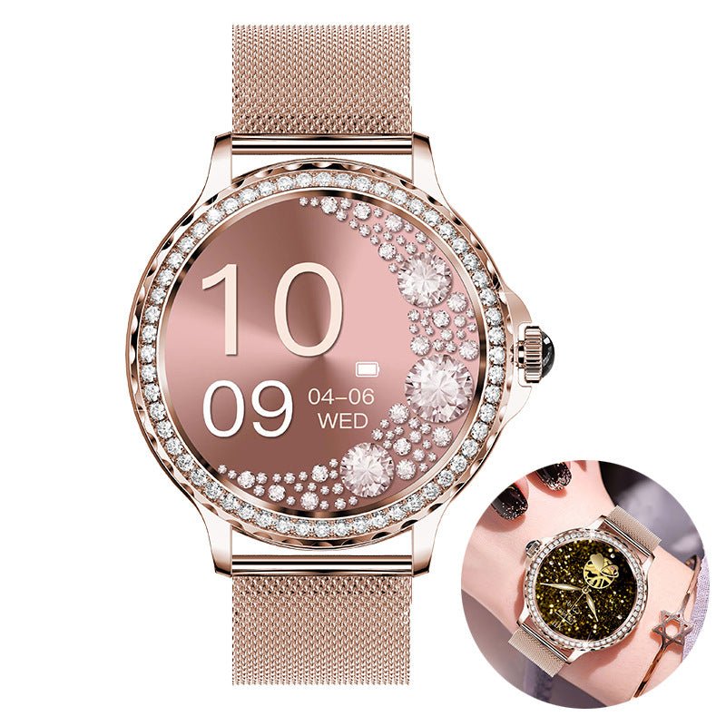 Rose gold Bluetooth smartwatch with diamond-accent bezel and mesh band