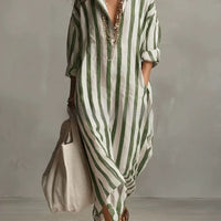 Striped Lapel Collar Dress – Side Slits & Pockets
