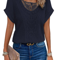 Women's navy blue hollow-out lace T-shirt with crochet pattern, ethnic style top