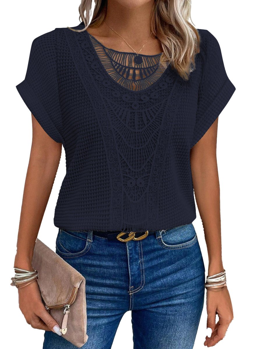 Women's navy blue hollow-out lace T-shirt with crochet pattern, ethnic style top