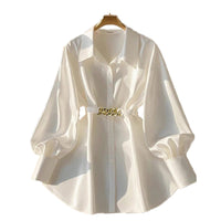 Women's Elegant Lapel Button-Down Top With Adjustable Metal Waist Belt Solid Color Loose Fit Blouse For Casual & Office Wear