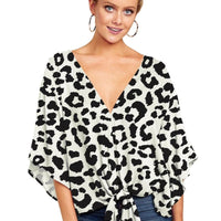 New V Neck Blouse Women Leopard Print Shirts Floral Tie Front Blouses Batwing Summer Oversize Ladies Tops - MANDOTOS INTERNATIONAL0