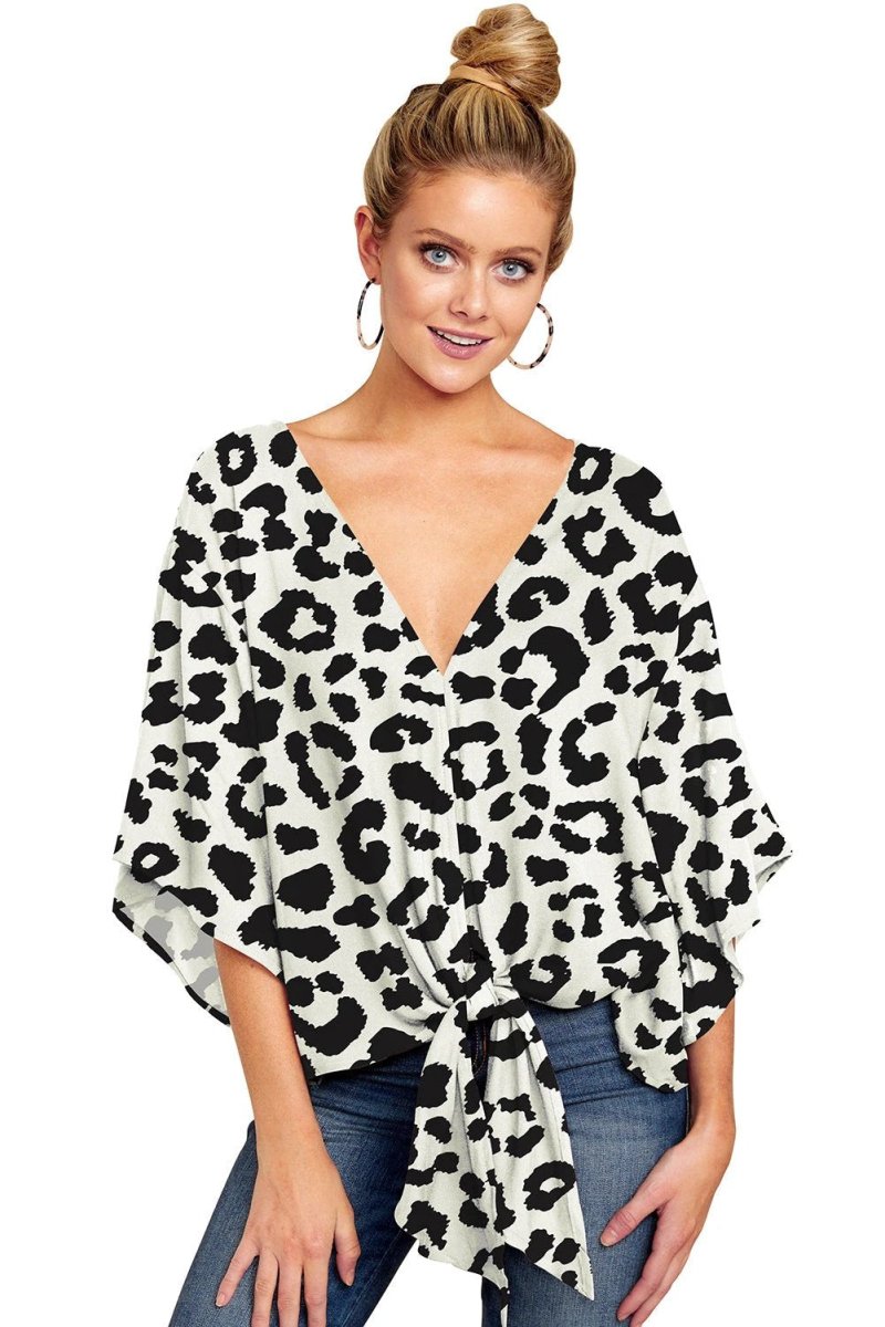 New V Neck Blouse Women Leopard Print Shirts Floral Tie Front Blouses Batwing Summer Oversize Ladies Tops - MANDOTOS INTERNATIONAL0