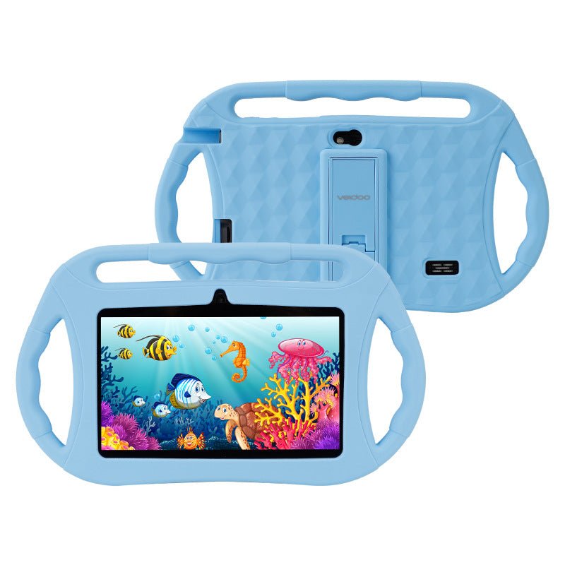 Ancient Energy 7-inch children's tablet in a rugged blue case with dual handles.