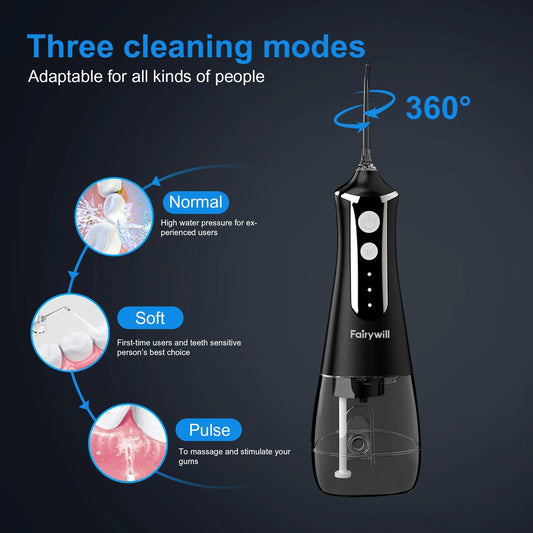 Fairywill Oral Irrigator Portable Water Flosser Dental Teeth Cleaning Waterproof USB Charge With 5 Jets For Braces, Travel - MANDOTOS