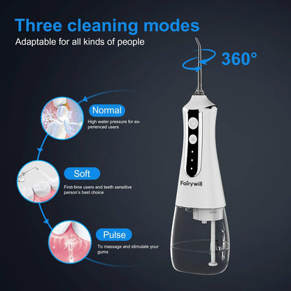Fairywill Oral Irrigator Portable Water Flosser Dental Teeth Cleaning Waterproof USB Charge With 5 Jets For Braces, Travel - MANDOTOS