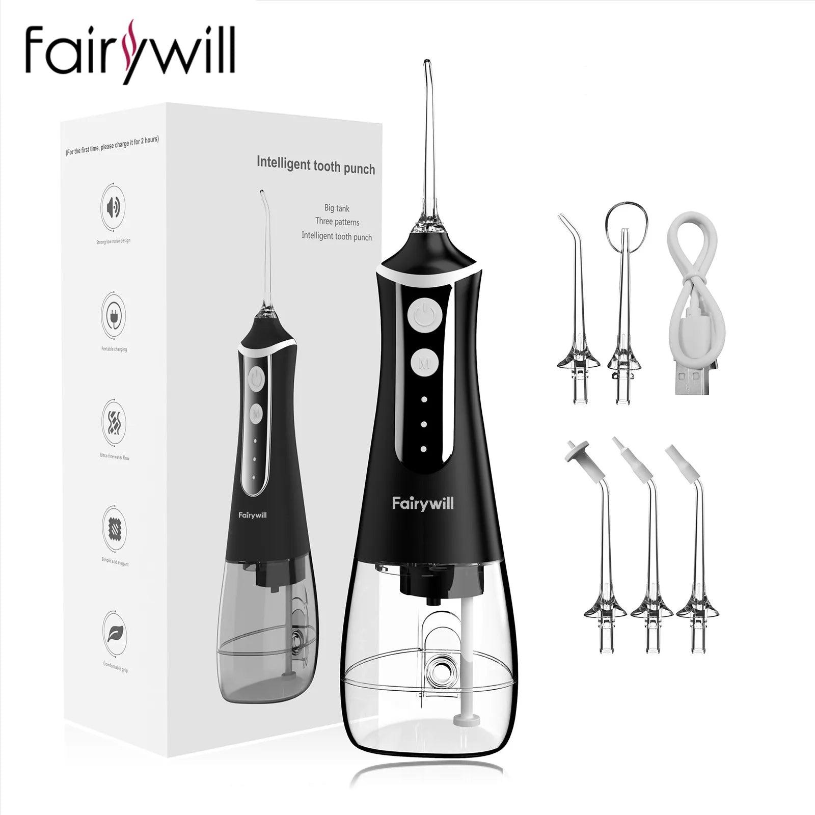 Fairywill Oral Irrigator Portable Water Flosser Dental Teeth Cleaning Waterproof USB Charge With 5 Jets For Braces, Travel - MANDOTOS