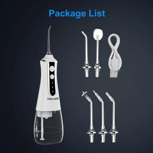 Fairywill Oral Irrigator Portable Water Flosser Dental Teeth Cleaning Waterproof USB Charge With 5 Jets For Braces, Travel - MANDOTOS