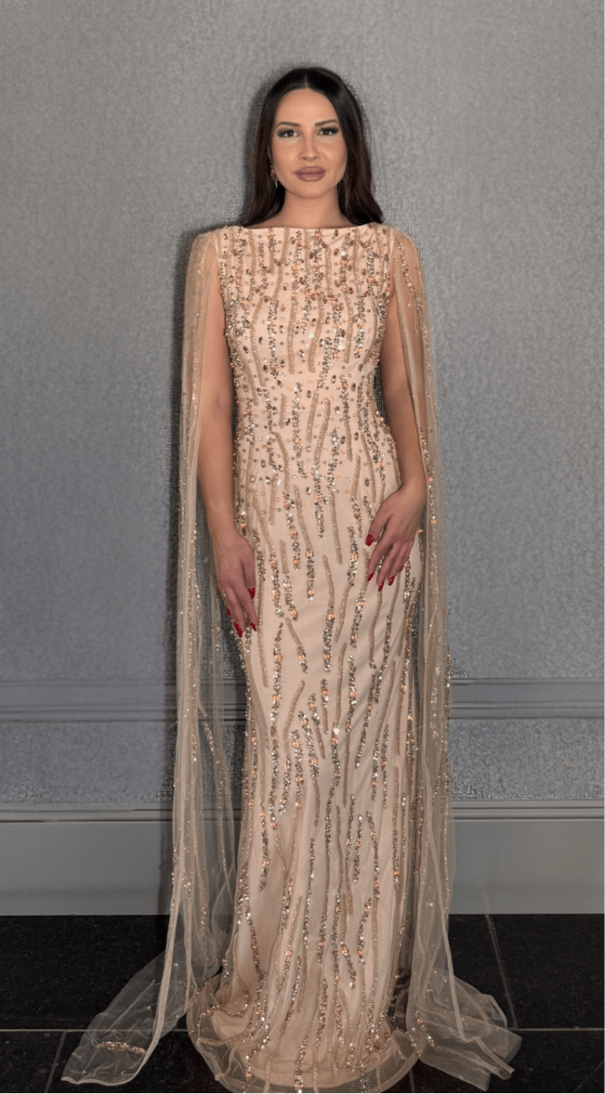 Faramah Drape Sleeves Embellished Fitted Sequin Modest Evening Dress - MANDOTOS INTERNATIONALLong Dresses