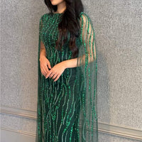 Faramah Drape Sleeves Embellished Fitted Sequin Modest Evening Dress - MANDOTOS INTERNATIONALLong Dresses