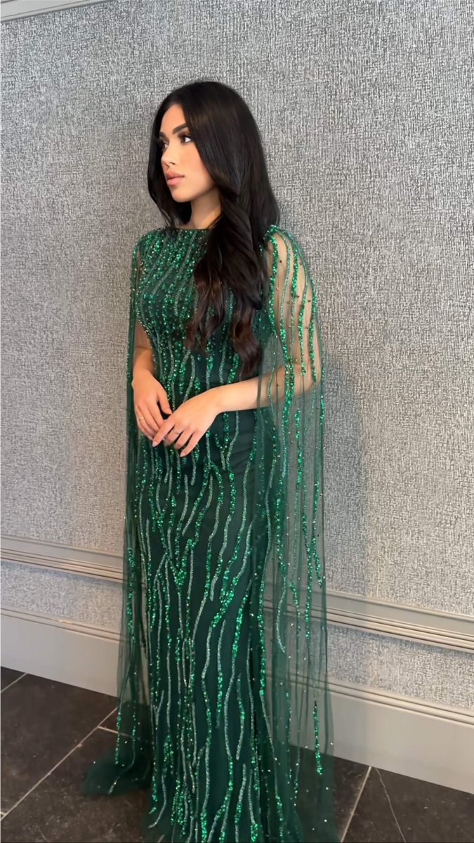Faramah Drape Sleeves Embellished Fitted Sequin Modest Evening Dress - MANDOTOS INTERNATIONALLong Dresses