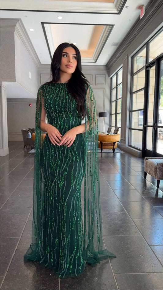 Faramah Drape Sleeves Embellished Fitted Sequin Modest Evening Dress - MANDOTOS INTERNATIONALLong Dresses