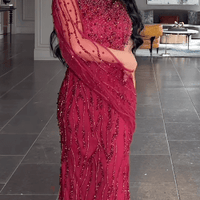 Faramah Drape Sleeves Embellished Fitted Sequin Modest Evening Dress - MANDOTOS INTERNATIONALLong Dresses