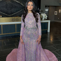 Fariza Long Sleeve Modest Beaded Embellished Evening Dress - MANDOTOS INTERNATIONALLong Dress