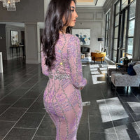 Fariza Long Sleeve Modest Beaded Embellished Evening Dress - MANDOTOS INTERNATIONALLong Dress