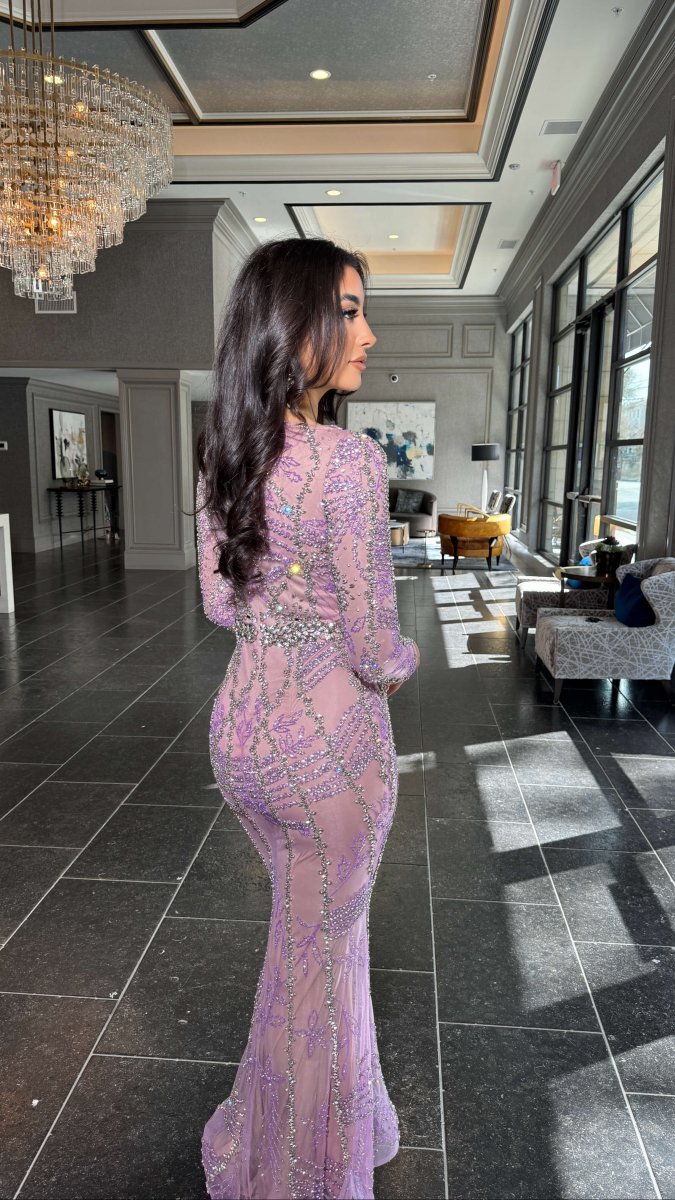Fariza Long Sleeve Modest Beaded Embellished Evening Dress - MANDOTOS INTERNATIONALLong Dress