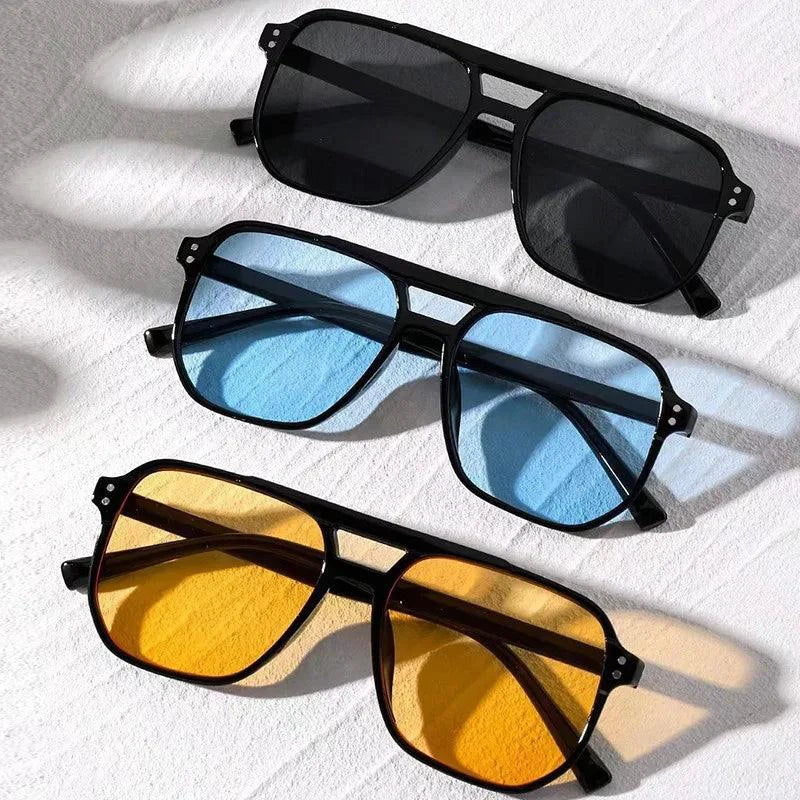 Vintage unisex square sunglasses with black lenses, designer style, UV400 protection, suitable for men and women.