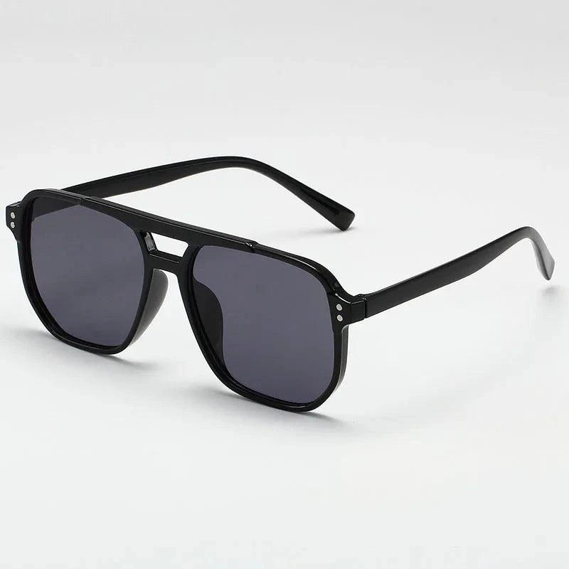 Vintage unisex square sunglasses with black lenses, designer brand, UV400 protection, suitable for men and women.