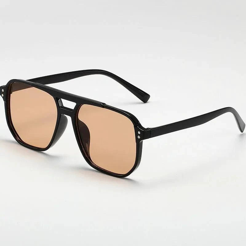 Vintage unisex square sunglasses with black lenses, designer brand, UV400 protection, suitable for men and women.