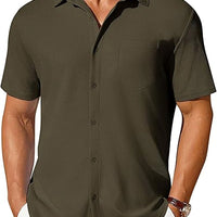 Men's short-sleeve wrinkle- and crease-resistant shirt in olive green by Ancient Energy with chest pocket