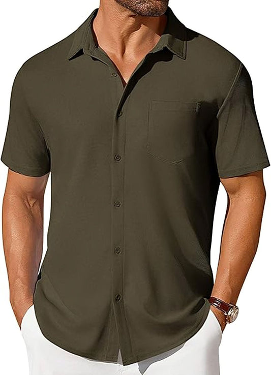 Men's short-sleeve wrinkle- and crease-resistant shirt in olive green by Ancient Energy with chest pocket