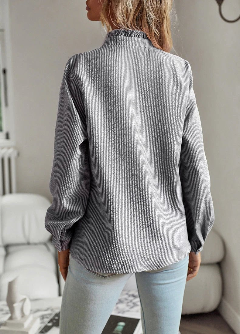 Striped Long Sleeve Shirt Fashion Ruffle Design Button Up Tops Casual Office Blouse Elegant Commuting Women's Clothing - MANDOTOS INTERNATIONAL0