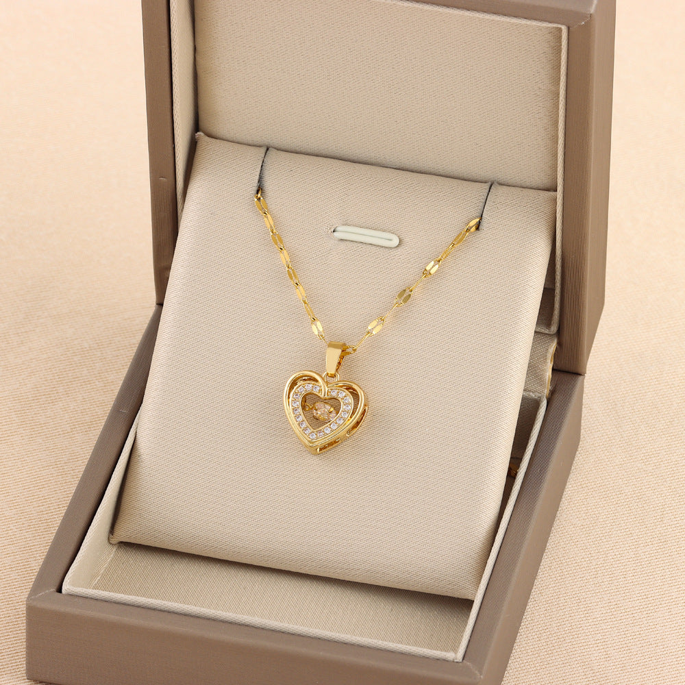 Double-layer Love Necklace With Rhinestones Titanium Steel Pendant Fashion Jewelry Woman Valentines Day Gift - MANDOTOS