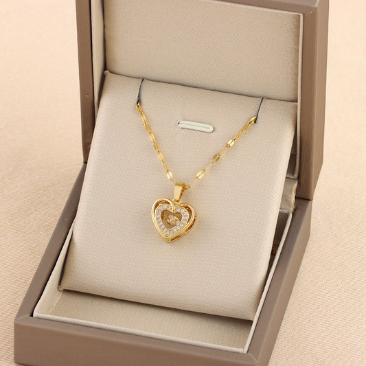 Double-layer Love Necklace With Rhinestones Titanium Steel Pendant Fashion Jewelry Woman Valentines Day Gift - MANDOTOS