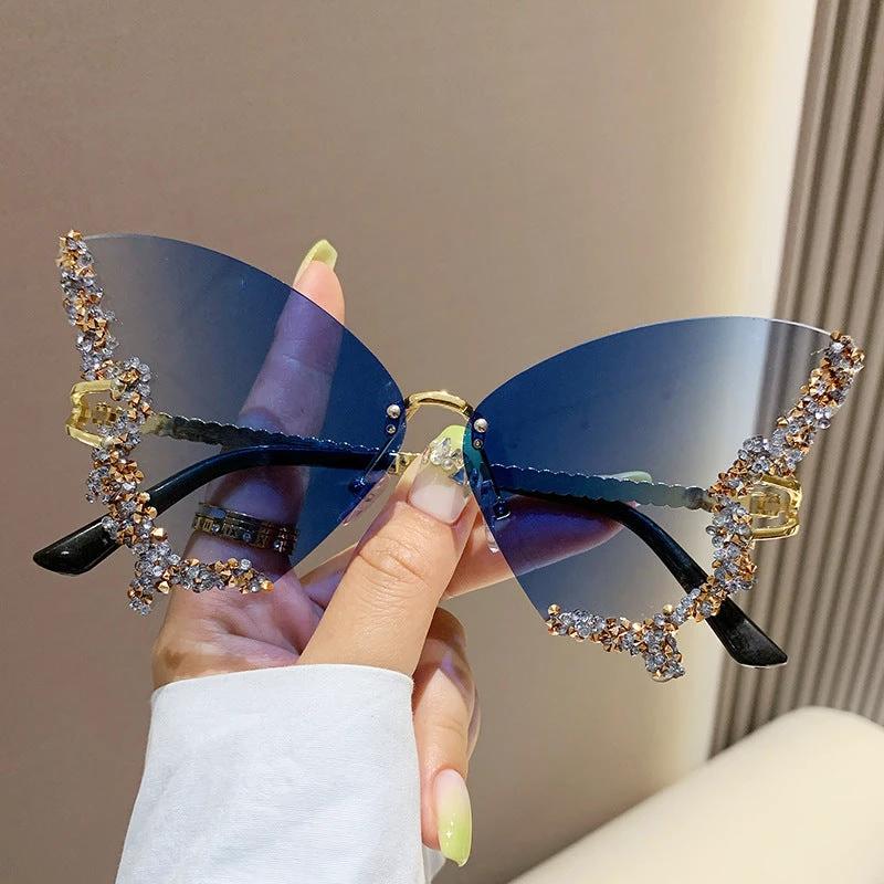 Luxury Diamond Butterfly Sunglasses Women Brand Y2K Vintage Rimless Oversized Sun Glasses Ladies Eyewear Shades - MANDOTOS