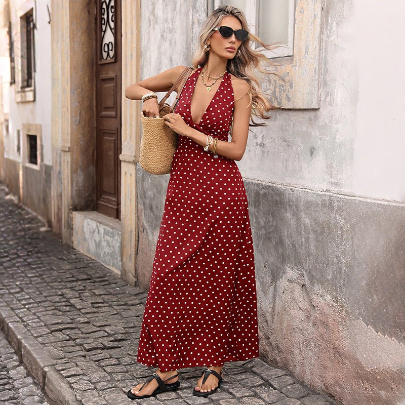 Ancient Energy red polka dot halter-neck V-neck maxi dress for women, A-line summer fashion.
