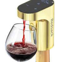 Smart Wine Pourer, gold finish with digital control panel, pouring red wine into a glass.