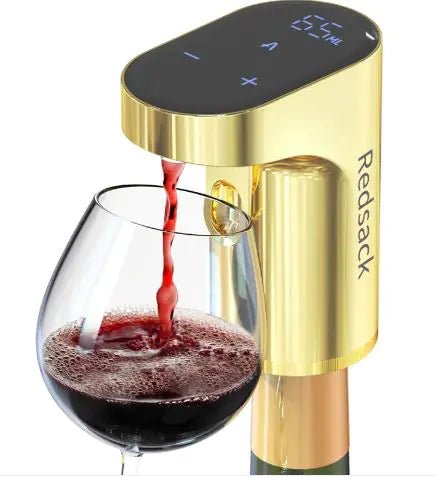 Smart Wine Pourer, gold finish with digital control panel, pouring red wine into a glass.