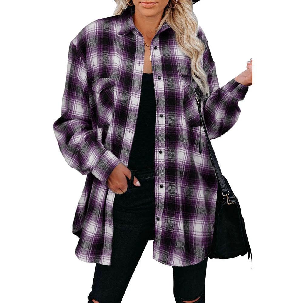 Plaid Shirt Women Spring Mid - length Loose Blouse Turndown Collar Shirt Clothing - MANDOTOS INTERNATIONAL0