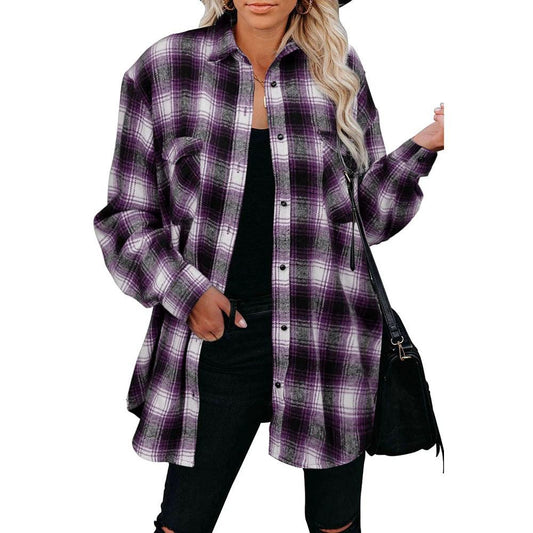 Plaid Shirt Women Spring Mid - length Loose Blouse Turndown Collar Shirt Clothing - MANDOTOS INTERNATIONAL0