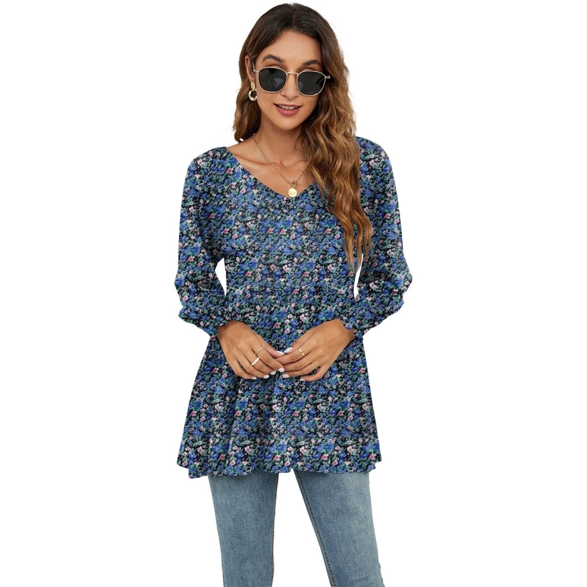 Long Puff Sleeve Tops Women Flowers Print Casual V - Neck Blouse T-Shirts Babydoll Tops - MANDOTOS INTERNATIONAL0