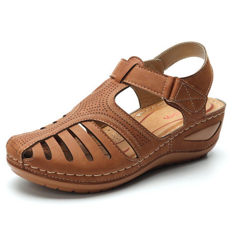 Women's brown leather round-toe wedge sandals with cutout straps and slingback