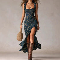 Ruffle Trim Asymmetrical Chiffon Maxi Dress – High Slit & High Waist - MANDOTOS INTERNATIONALDresses