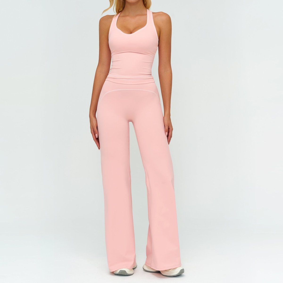 Women's yoga set: pink V-neck sleeveless top with slim straight pants by Ancient Energy