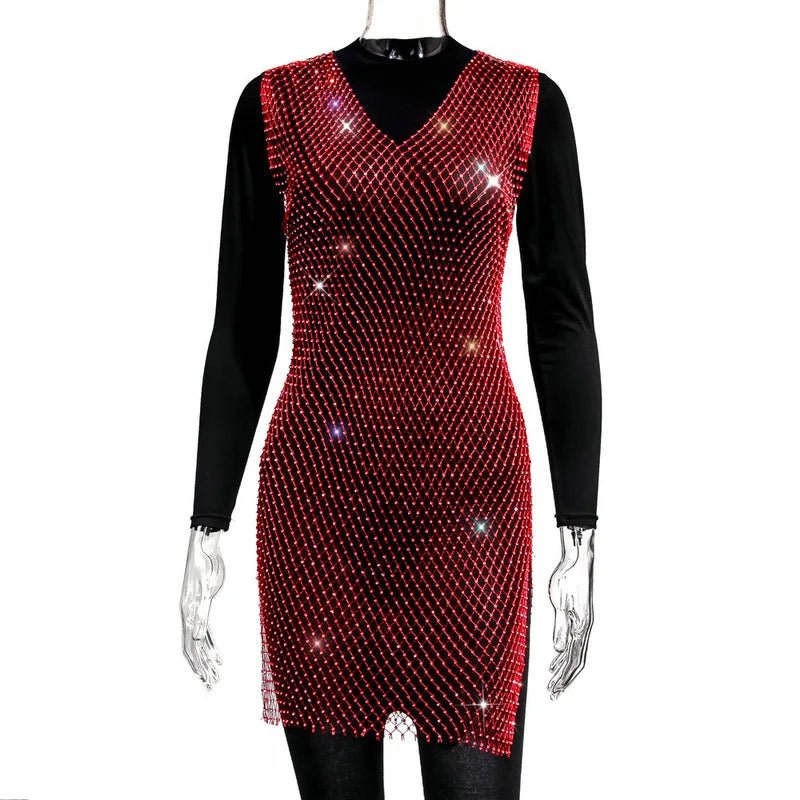 Fishnet Dress V-neck Rose Red Rhinestone Bikini Bling Diamond Party Women Dresses - MANDOTOS INTERNATIONAL