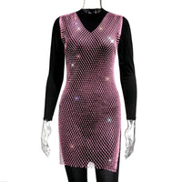 Fishnet Dress V-neck Rose Red Rhinestone Bikini Bling Diamond Party Women Dresses - MANDOTOS INTERNATIONAL