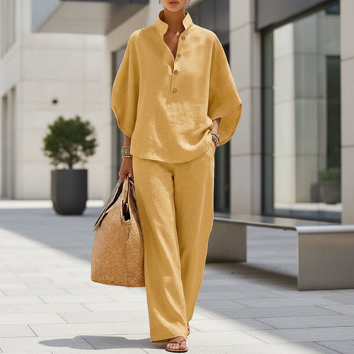 Women’s casual shirt and full-length pants set by FitiqueFit, featuring a relaxed fit and comfortable fabric for everyday wear.