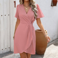 Pleated Cross V-Neck Midi Dress – Tight Waist Short Sleeve Elegant Dress - MANDOTOS INTERNATIONALDress