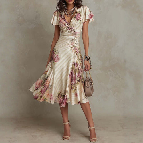 Ruffled Hem Maxi Dress – V-Neck Satin A-Line Color Block Dress - MANDOTOS INTERNATIONALDress